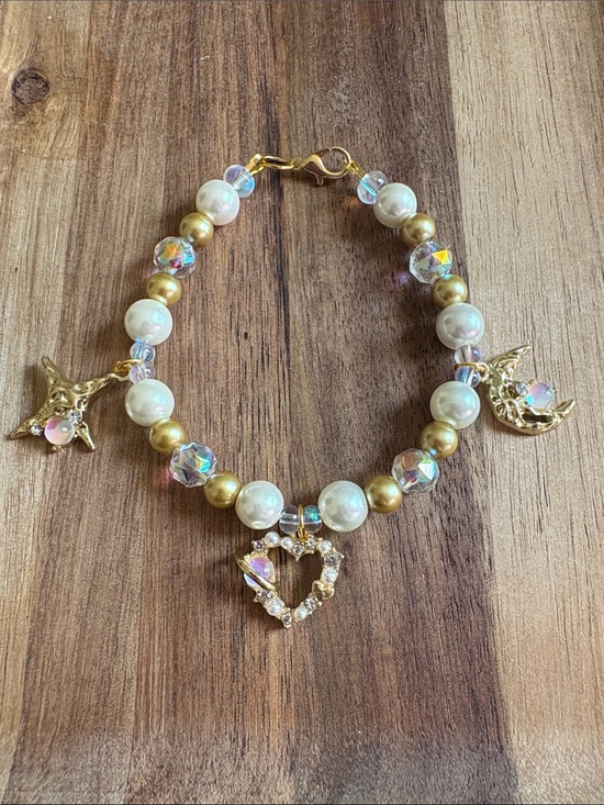 Handmade Jewelry - Handmade Gold and Pearl Charm Bracelet with Heart, Star & Moon Charms
